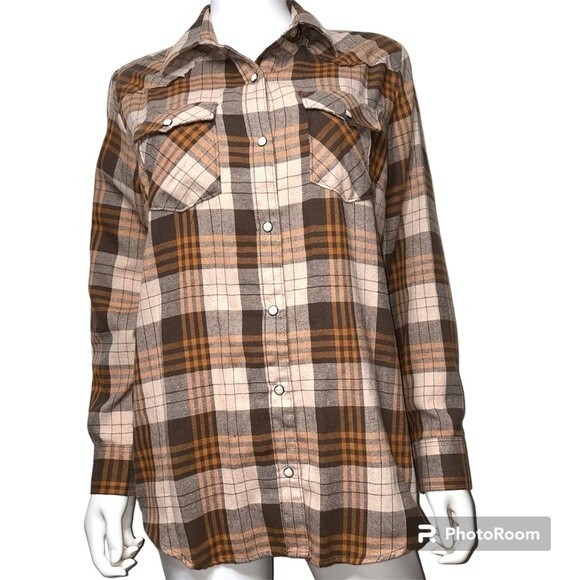 Pashartuk Western Orange Brown Plaid Pearl Snap Button Long Sleeve Shirt Size L - Picture 1 of 10